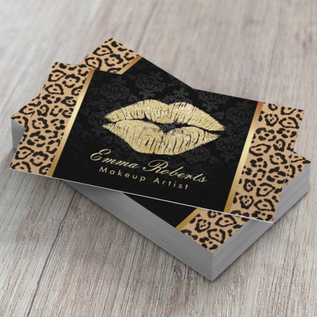 Gold Kiss Leopard Print Damask Makeup Artist Business Card (Creator Uploaded)