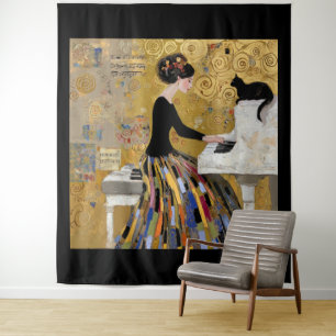 Gold Klimt Piano Lady with Black Cat Tapestry