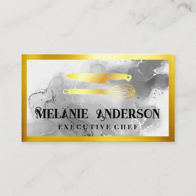 Gold Knife and Whisk | Gold Border Business Card (Front)