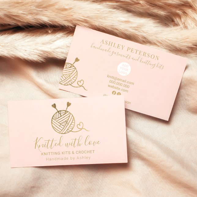 Gold knitting crochet yarn handmade kit pink business card (Creator Uploaded)