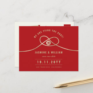 Gold Knot Double Happiness Chinese Save The Date Announcement Postcard