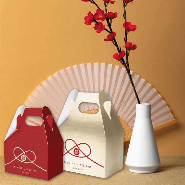 Gold Knot Union Double Happiness Chinese Wedding Favour Box (Red/Gold Knot Union Double Happiness Minimalist Chinese Wedding Party Favor Boxes @ fatfatin_red_box)
