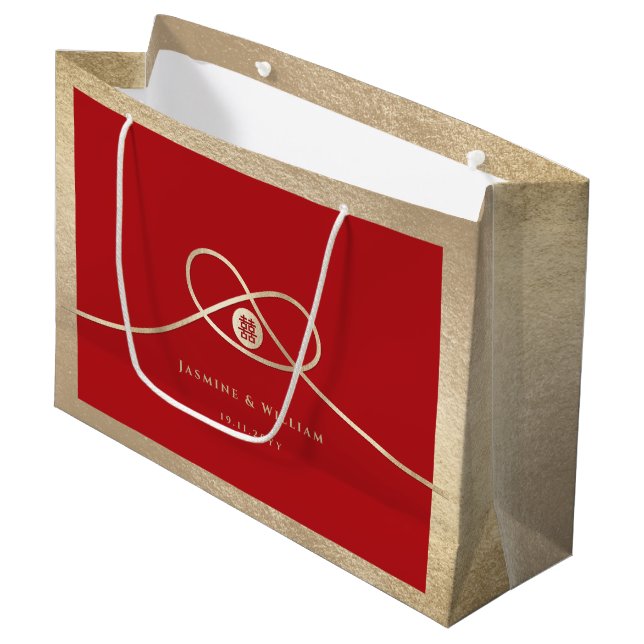 Gold Knot Union Double Happiness Chinese Wedding Large Gift Bag (Front Angled)