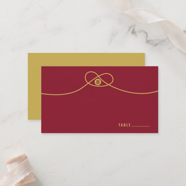 Gold Knot Union Double Happiness Chinese Wedding Place Card (Front/Back In Situ)
