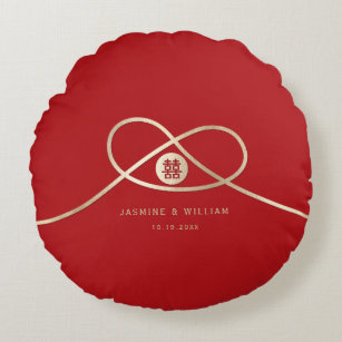 Gold Knot Union Double Happiness Chinese Wedding Round Cushion