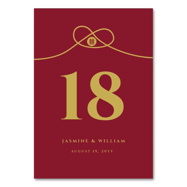 Gold Knot Union Double Happiness Chinese Wedding Table Number (Front)