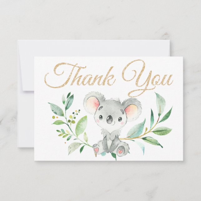 Gold Koala and Eucalyptus Baby Shower Thank You Card (Front)