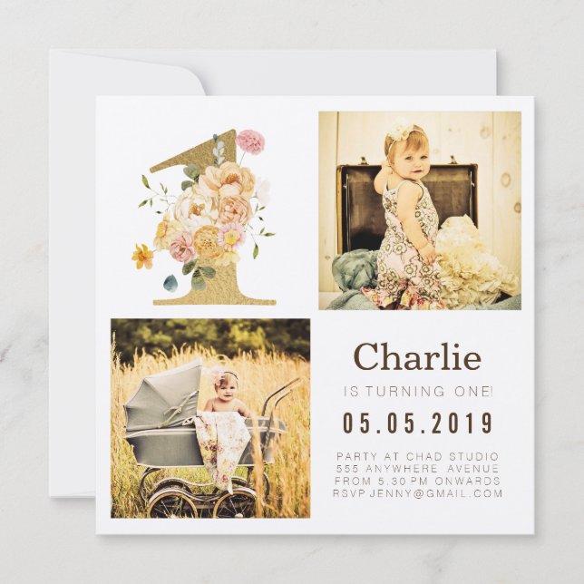 Gold Kraft Foil One 1st Birthday Photo Cards (Front)
