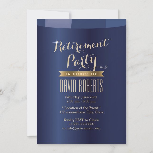 Gold Label Navy Blue Retirement Party Invitations (Front)