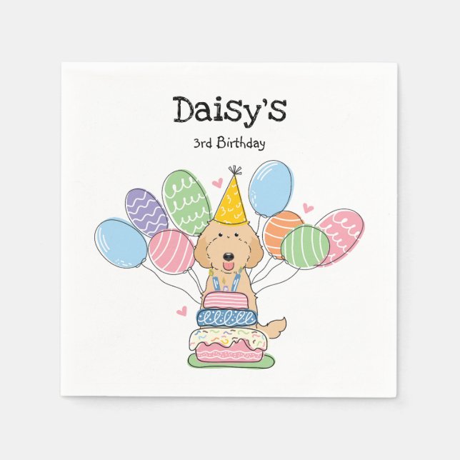 Gold Labradoodle Dog Birthday Party Paper Napkins (Front)