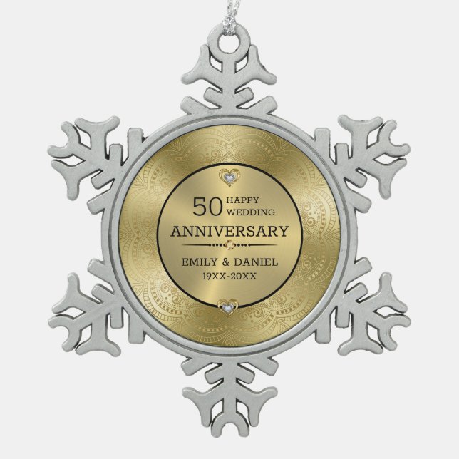 Gold lace 50th wedding anniversary snowflake pewter christmas ornament (Front)