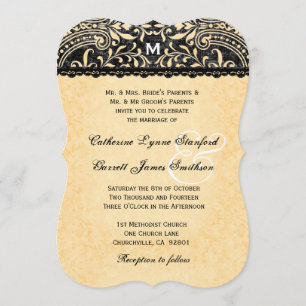 Gold Lace and Black Vintage Damask Wedding V08 Invitation