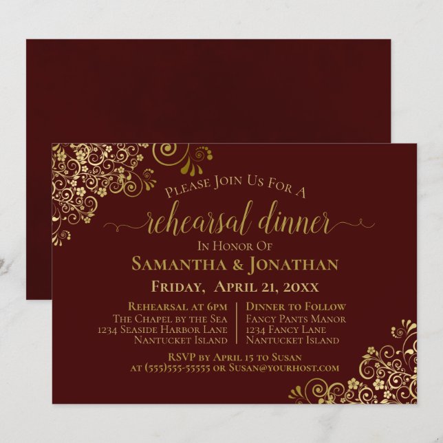 Gold Lace Auburn Brown Wedding Rehearsal Dinner Invitation (Front/Back)