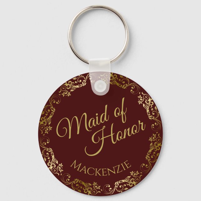 Gold Lace & Auburn Elegant Maid of Honor Wedding Key Ring (Front)