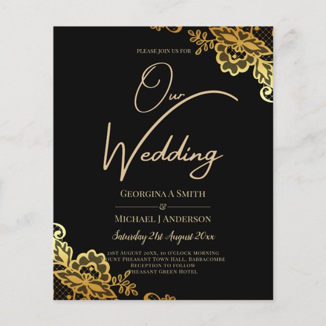 GOLD LACE Black All-in1 Wedding INVITE QR Code Flyer (Front)