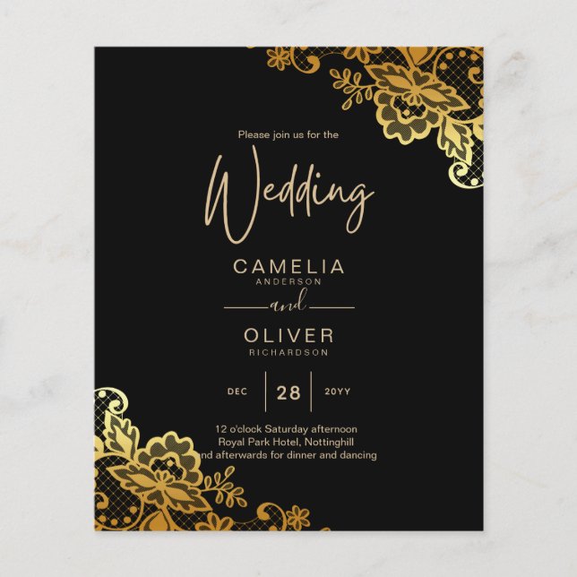 GOLD LACE Black All-in1 Wedding INVITE QR Code Flyer (Front)
