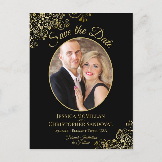 Gold Lace Black Wedding Save the Date Oval Photo Announcement Postcard (Front)