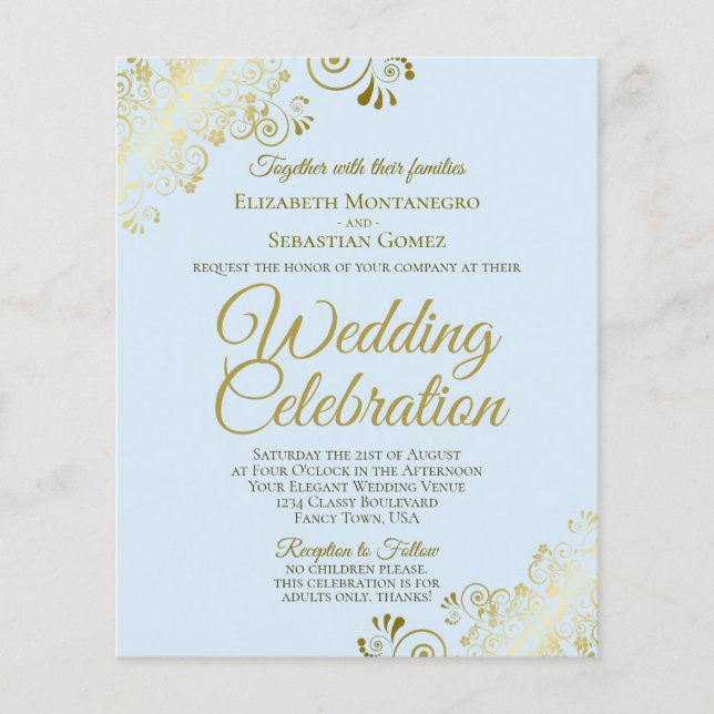 Gold Lace & Blue BUDGET Wedding Invite Adults Only (Front)