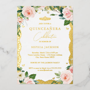 Gold Lace Blush Pink Floral Quinceanera