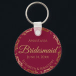 Gold Lace Bridesmaid Wedding Gift Burgundy Maroon Key Ring<br><div class="desc">These keychains are designed to give as favors to bridesmaids in your wedding party. They feature a simple yet elegant design with a maroon or burgundy background, gold lettering, and a golden faux foil floral lace border. Perfect way to thank your bridesmaids for being a part of your special day!...</div>