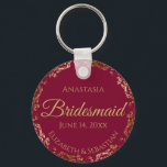Gold Lace Bridesmaid Wedding Gift Burgundy Maroon Key Ring<br><div class="desc">These keychains are designed to give as favors to bridesmaids in your wedding party. They feature a simple yet elegant design with a maroon or burgundy background, gold lettering, and a golden faux foil floral lace border. Perfect way to thank your bridesmaids for being a part of your special day!...</div>