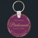 Gold Lace Bridesmaid Wedding Gift Cassis Purple Key Ring<br><div class="desc">These keychains are designed to give as favors to bridesmaids in your wedding party. They feature a simple yet elegant design with a cassis purple, magenta, or berry colored background, gold lettering, and a golden faux foil floral lace border. Perfect way to thank your bridesmaids for being a part of...</div>