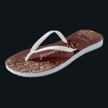 Gold Lace Burgundy Brown Bridesmaid Wedding Flip Flops<br><div class="desc">These elegant wedding flip flops are a great way to thank and recognise your bridesmaids, while giving their feet a rest after a long day. The beautiful design features an elegant design with golden lace frills on a burgundy brown or auburn coloured background and fancy gold coloured script lettering. The...</div>