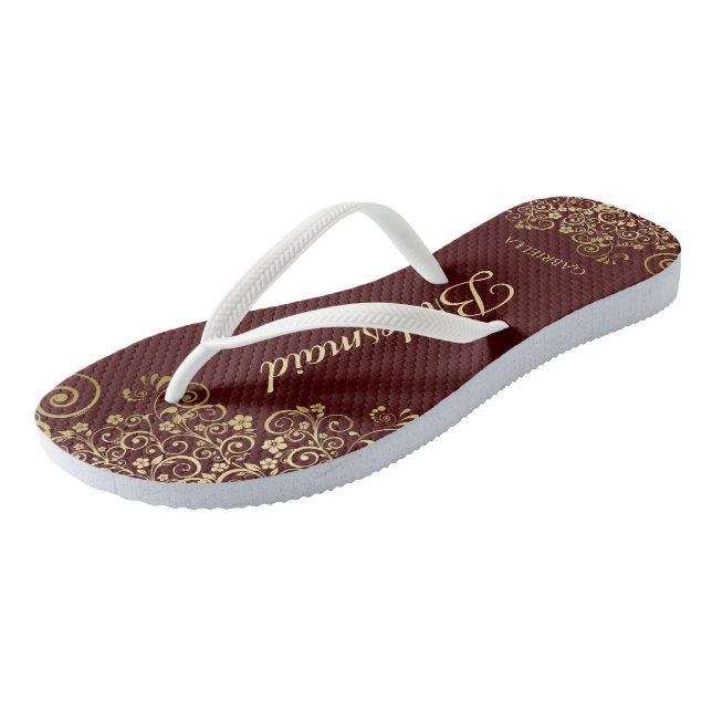 Gold Lace Burgundy Brown Bridesmaid Wedding Flip Flops (Angled)