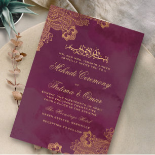 Gold Lace Burgundy Islamic Muslim Mehndi Ceremony Invitation