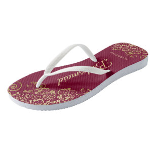 Gold Lace Burgundy Maroon Bridesmaid Wedding Flip Flops