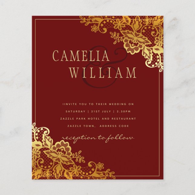 Gold Lace Burgundy Wedding Invtiations  (Front)