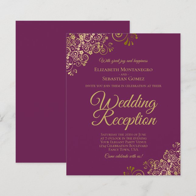 Gold Lace Cassis Wedding Reception BUDGET Invite (Front/Back)