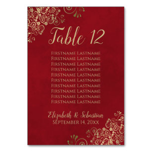 Gold Lace Chic Crimson Red Wedding Seating Chart Table Number
