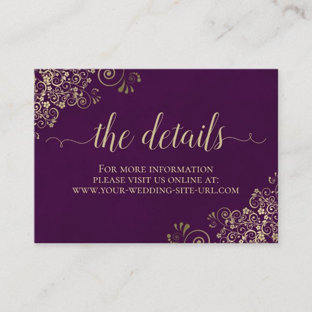 Gold Lace Chic Plum Purple Wedding Details Online Enclosure Card (Front)