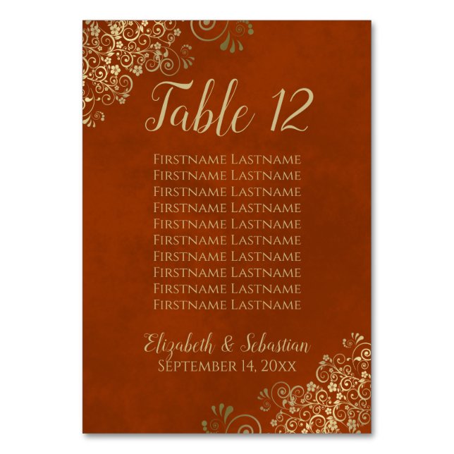 Gold Lace Chic Rust Orange Wedding Seating Chart Table Number (Front)