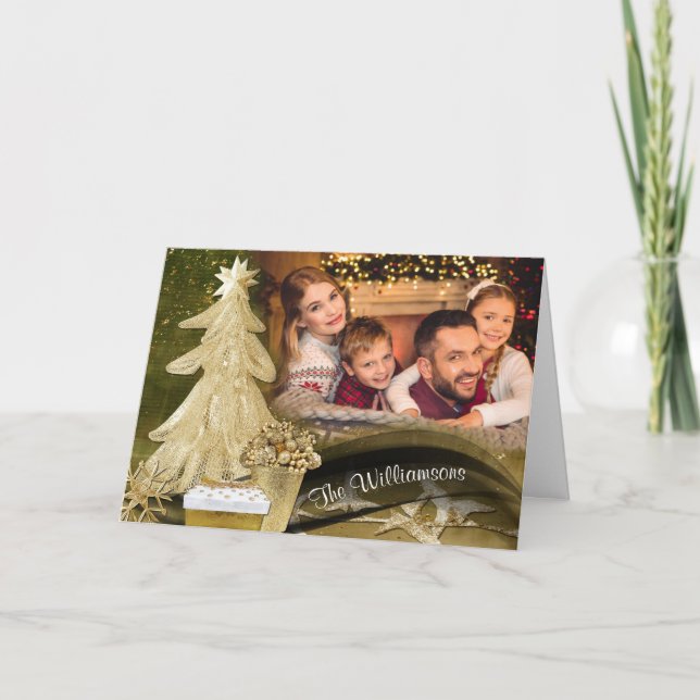 Gold Lace Christmas Tree Christmas Photo Holiday Card (Front)