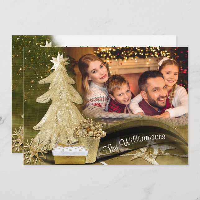 Gold Lace Christmas Tree Christmas Photo Holiday Card (Front/Back)