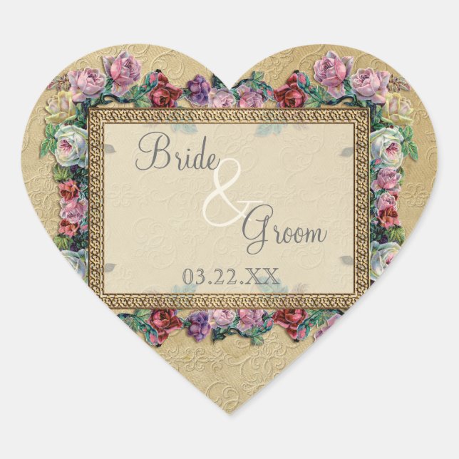 Gold & Lace Classic Formal Elegant Wedding Invite Heart Sticker (Front)