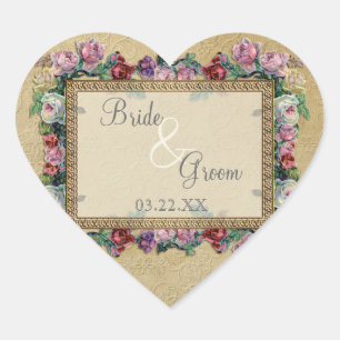 Gold & Lace Classic Formal Elegant Wedding Invite Heart Sticker