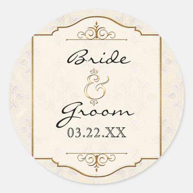 Gold & Lace Classic Formal Elegant Wedding Invite Round Sticker (Front)