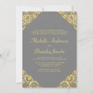 Gold Lace Corners Elegant Wedding Invitation Grey