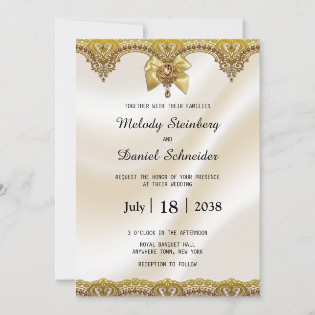 Gold Lace Cream Satin Pearls Jewels Wedding Invitation (Front)