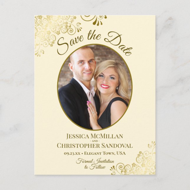 Gold Lace & Cream Wedding Save the Date Oval Photo Announcement Postcard (Front)