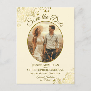 Gold Lace & Cream Wedding Save the Date Oval Photo Announcement Postcard
