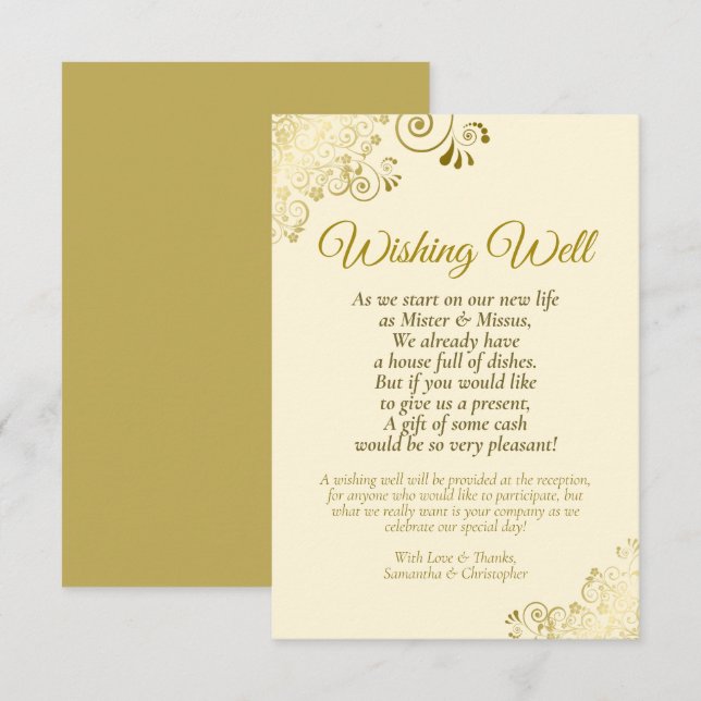 Gold Lace & Cream Wedding Wishing Well Poem Enclosure Card (Front/Back)
