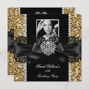 Gold Lace Diamond Heart Photo Birthday Party Invitation