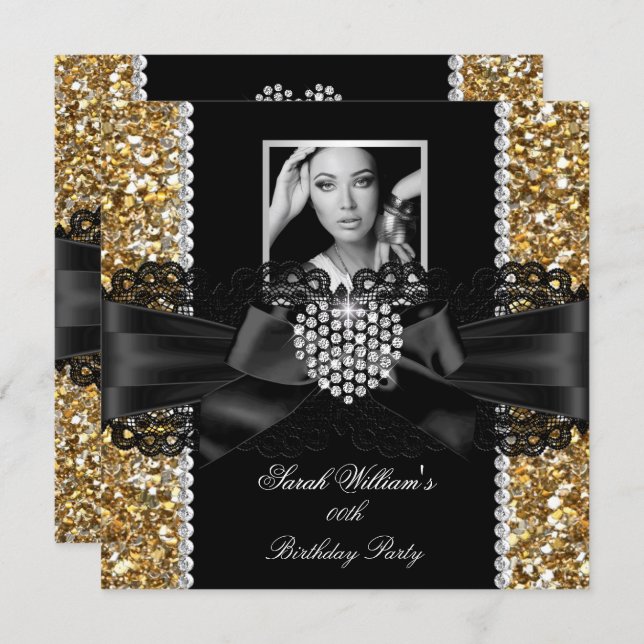 Gold Lace Diamond Heart Photo Birthday Party Invitation (Front/Back)