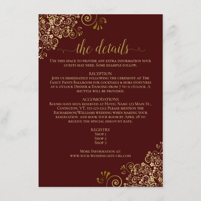 Gold Lace Elegant Auburn Brown Wedding Details Enclosure Card (Front)