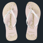 Gold Lace Elegant Blush Pink Bridesmaid Wedding Flip Flops<br><div class="desc">These elegant wedding flip flops are a great way to thank and recognise your bridesmaids, while giving their feet a rest after a long day. The beautiful design features an elegant design with golden lace frills on a pale blush pink coloured background and fancy gold coloured script lettering. The text...</div>
