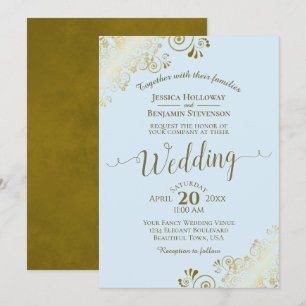 Gold Lace Elegant Calligraphy Powder Blue Wedding  Invitation
